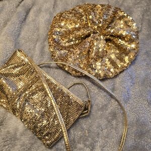 Gold Sequin Beret unbranded and Whiting & Davis Clutch
